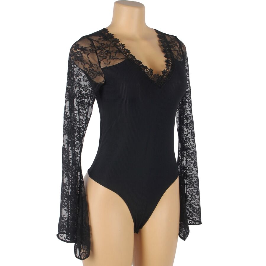 Teddy noir Subblime sur buste mannequin de trois-quarts, manches evasees dentelle florale et decollete en V, coupe echancree, vue produit.