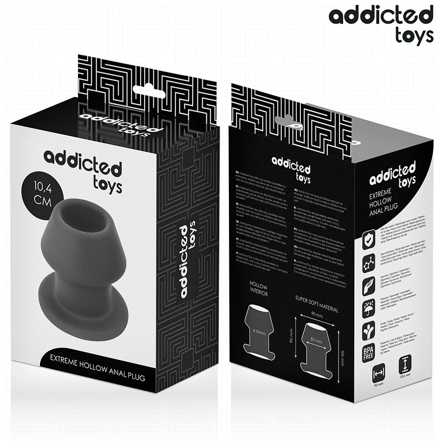 Boite Addicted Toys Extreme Hollow Anal Plug 10,4 cm, recto et verso du packaging noir presentant le plug creux en silicone et ses pictogrammes.