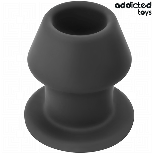 Plug anal creux tunnel Addicted en silicone noir, forme champignon a large base evasee, vue rapprochee montrant l'ouverture centrale du modele extreme.