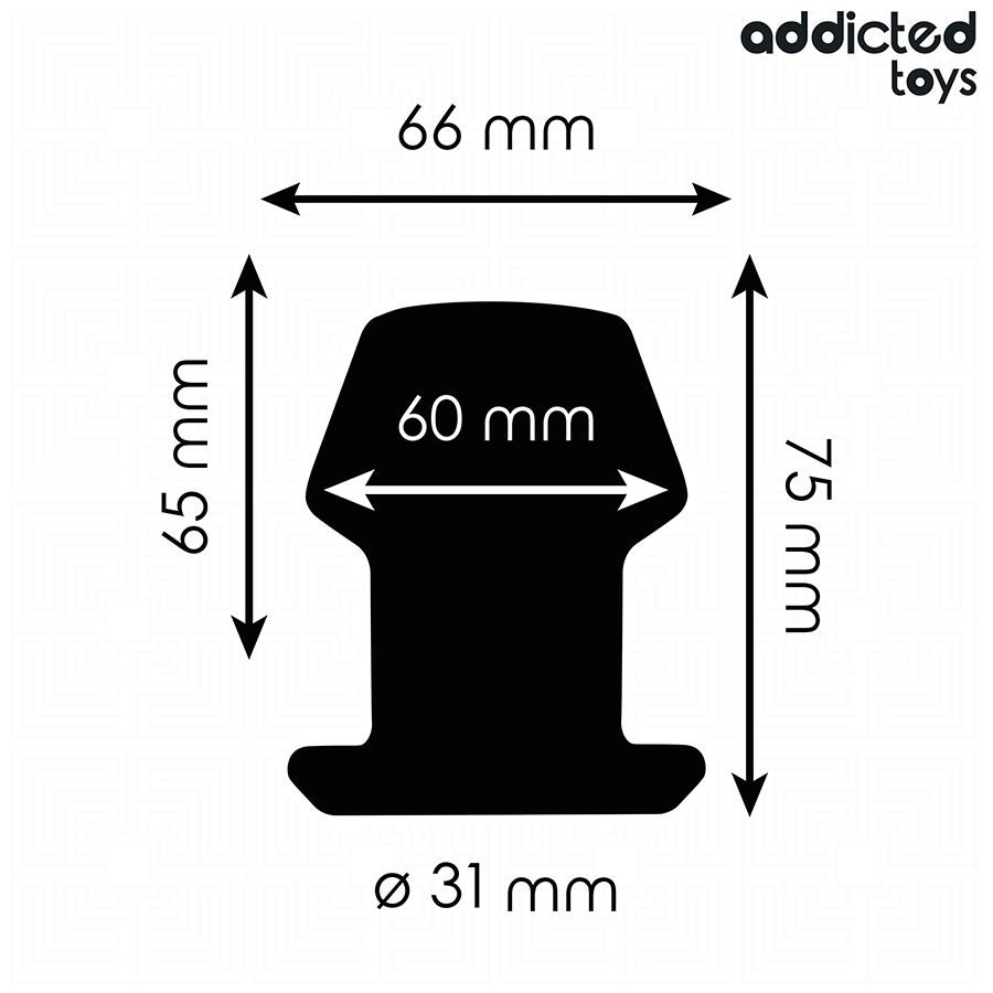 Schema technique du plug anal creux Addicted, hauteur 75 mm, largeur 66 mm, tunnel interieur 60 mm et diametre 31 mm, profil ouvert en sablier.
