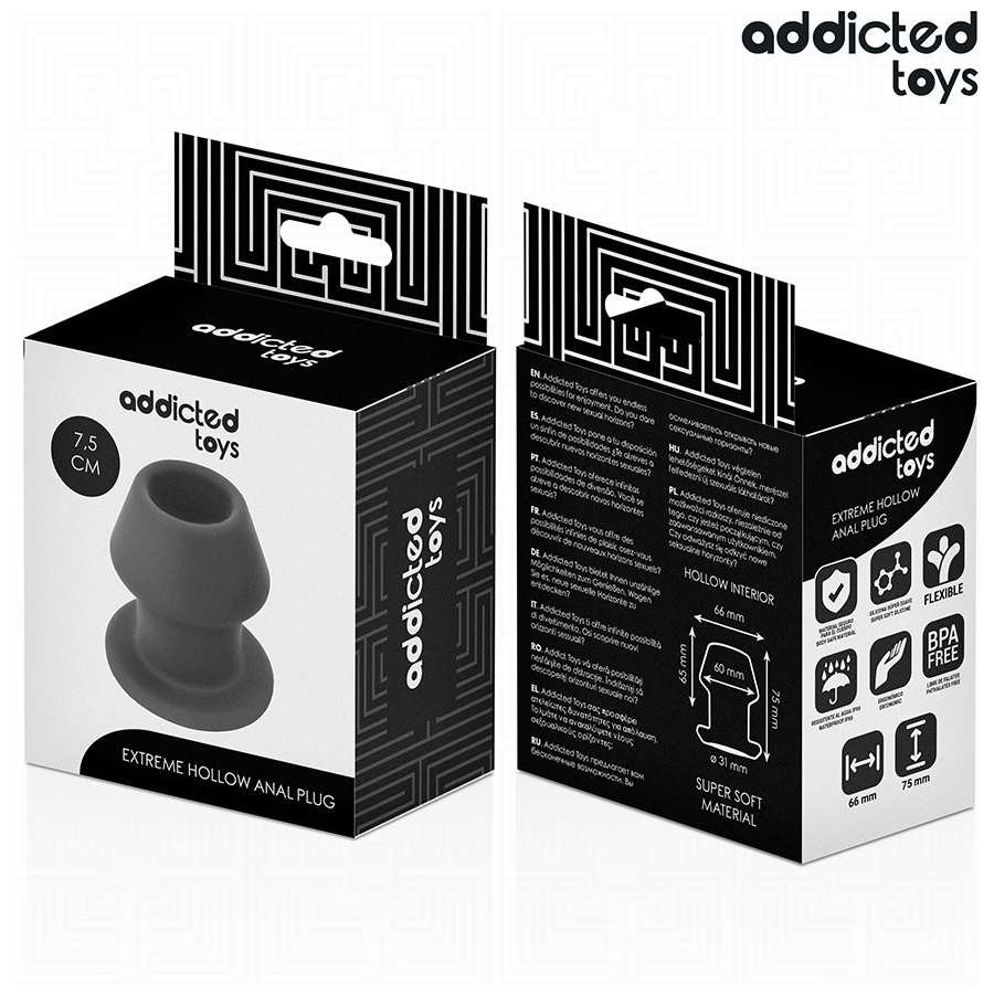 Boites Addicted Extreme Hollow Anal Plug 7,5 cm, recto et verso du packaging noir presentant le plug creux en silicone et ses caracteristiques.