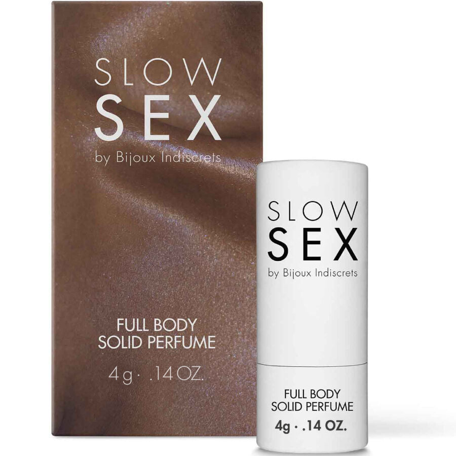 Parfum corporel solide Full Body Solid Perfume Slow Sex Bijoux Indiscrets, stick blanc et etui assorti, parfum corps solide coco 4 g sur fond blanc