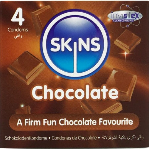 Boite Skins Chocolate 4 preservatifs vue de face brune, logo central, latex aromatise chocolat lubrifie A Firm Fun Chocolate Favourite
