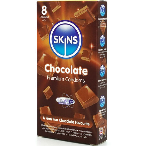 Boite Skins Chocolate Premium 8 preservatifs aromatises chocolat, packaging brun gourmand, latex lubrifie pour parfumer les jeux bucco-intimes