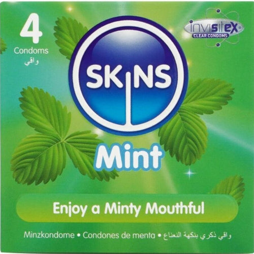 Boite Skins Mint 4 preservatifs vue de face verte, logo central, latex aromatise menthe lubrifie Enjoy a Minty Mouthful jeux bucco-intimes