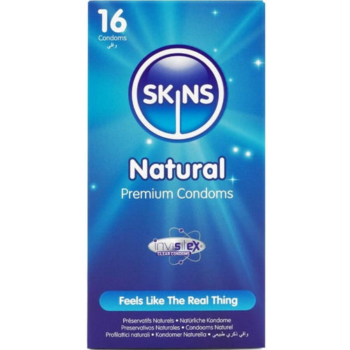 Boite Skins Natural Premium 16 preservatifs, face bleue Feels Like The Real Thing, latex naturel ultra fin lubrifie parfum vanille