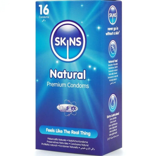 Boite Skins Natural 16 preservatifs ultra fins parfum vanille, packaging bleu, latex naturel transparent et lubrifie pour des sensations naturelles