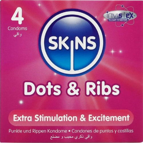 Boite Skins Dots and Ribs 4 preservatifs vue de face rose, logo central, latex texture perles et nervures lubrifie Extra Stimulation and Excitement