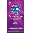 Boite Skins Extra Large 16 preservatifs Premium violette 57mm x 205mm, latex extra large lubrifie pour gabarits genereux aisance et confort