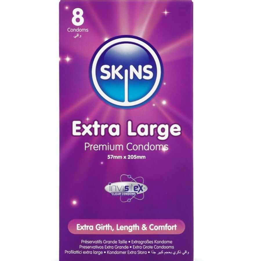 Boite Skins Extra Large 8 preservatifs packaging violet, latex extra large lubrifie pour plus d'aisance girth length and comfort