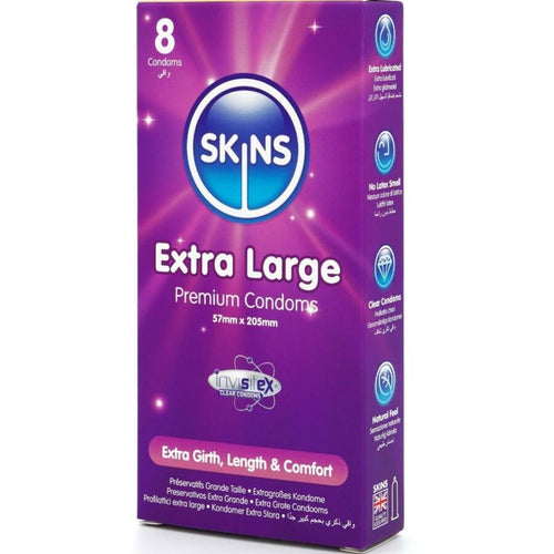 Boite Skins Extra Large 4 preservatifs 57mm x 205mm, packaging violet, latex extra large lubrifie pour plus d'aisance et de confort