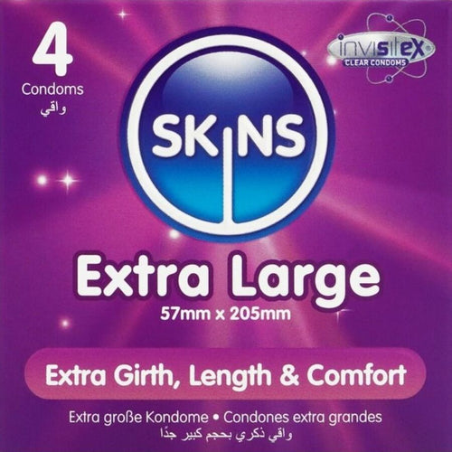 Boite Skins Extra Large 4 preservatifs vue rapprochee, logo violet central, latex extra large lubrifie Extra Girth Length and Comfort