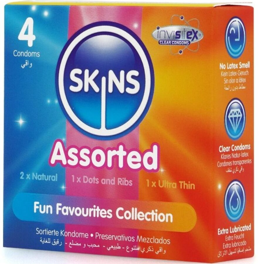 Boite Skins Assorted pack de 4 vue de trois quarts, assortiment de preservatifs latex naturels textures et ultra fins, packaging jaune Fun Favourites