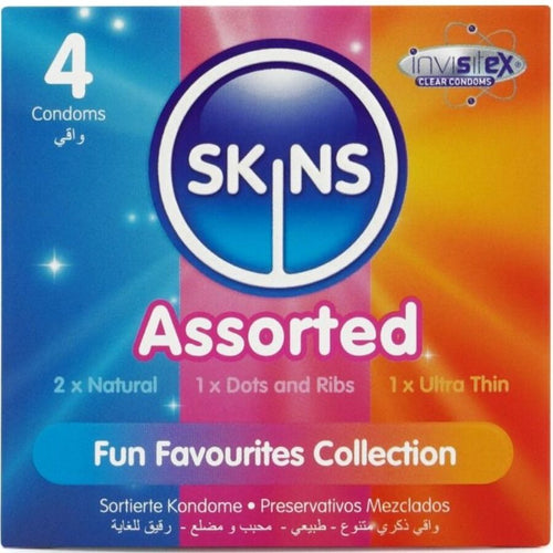 Boite Skins Assorted format 4, preservatifs en latex assortis dont naturels, Dots & Ribs et ultra fins, collection Fun Favourites multicolore