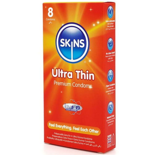 Boite Skins Ultra Thin Premium 8 preservatifs, packaging orange, latex ultra fin lubrifie Feel Everything Feel Each Other sensations intenses
