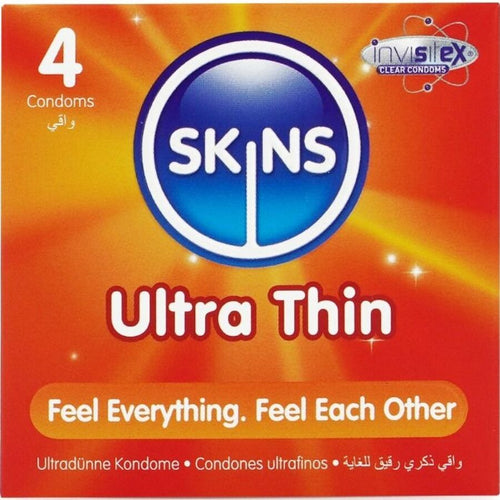 Boite Skins Ultra Thin 4 preservatifs vue de face orange, logo central, latex ultra fin lubrifie Feel Everything Feel Each Other