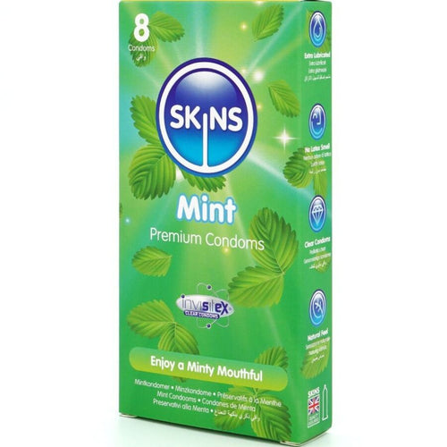 Boite Skins Mint Premium 8 preservatifs aromatises menthe, packaging vert, latex lubrifie Enjoy a Minty Mouthful note fraiche et tonique