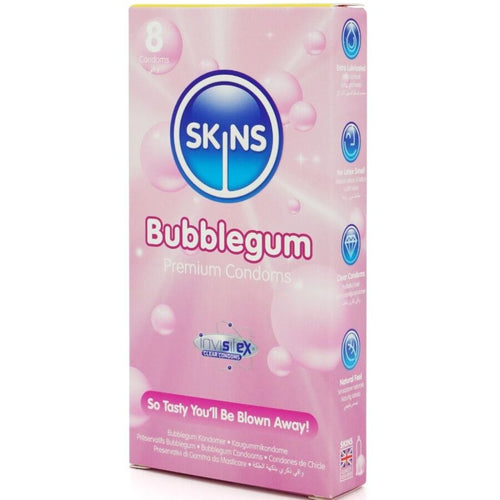 Boite rose Skins Bubblegum, preservatifs aromatises chewing-gum en latex lubrifie, motif a bulles et slogan gourmand pour parfumer les jeux bucco-intimes