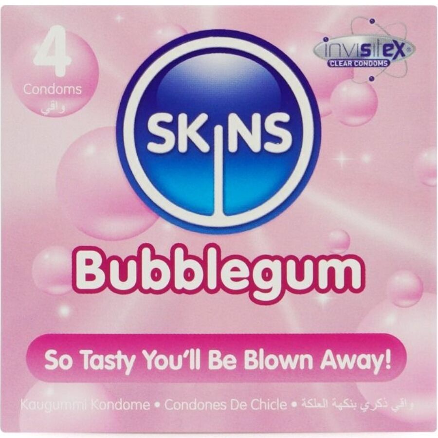 Boite Skins Bubblegum pack de 4 vue de face, preservatifs aromatises bubblegum en latex naturel lubrifie, note sucree et espiegle pour les preliminaires