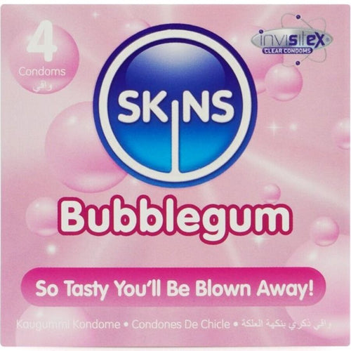 Boite Skins Bubblegum pack de 4 vue de face, preservatifs aromatises bubblegum en latex naturel lubrifie, note sucree et espiegle pour les preliminaires