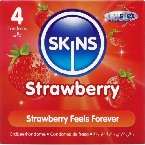 Boite Skins Strawberry 4 preservatifs vue de face rouge, logo central, latex aromatise fraise lubrifie Strawberry Feels Forever