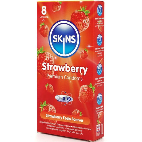 Boite Skins Strawberry 4 preservatifs aromatises fraise, packaging rouge avec fraises, latex lubrifie Strawberry Feels Forever pour jeux fruites