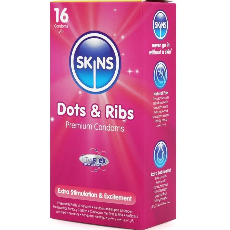 Vue en perspective de la boite Skins Dots & Ribs format 16, preservatifs en latex perles et nervures pour plus de stimulation, packaging rose premium