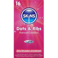 Boite Skins Dots & Ribs Premium Condoms vue de profil en pack de 16, preservatifs latex perles et nervures, dos visible avec mentions reglementaires