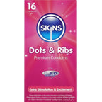 Boite Skins Dots & Ribs Premium Condoms vue de profil en pack de 16, preservatifs latex perles et nervures, dos visible avec mentions reglementaires