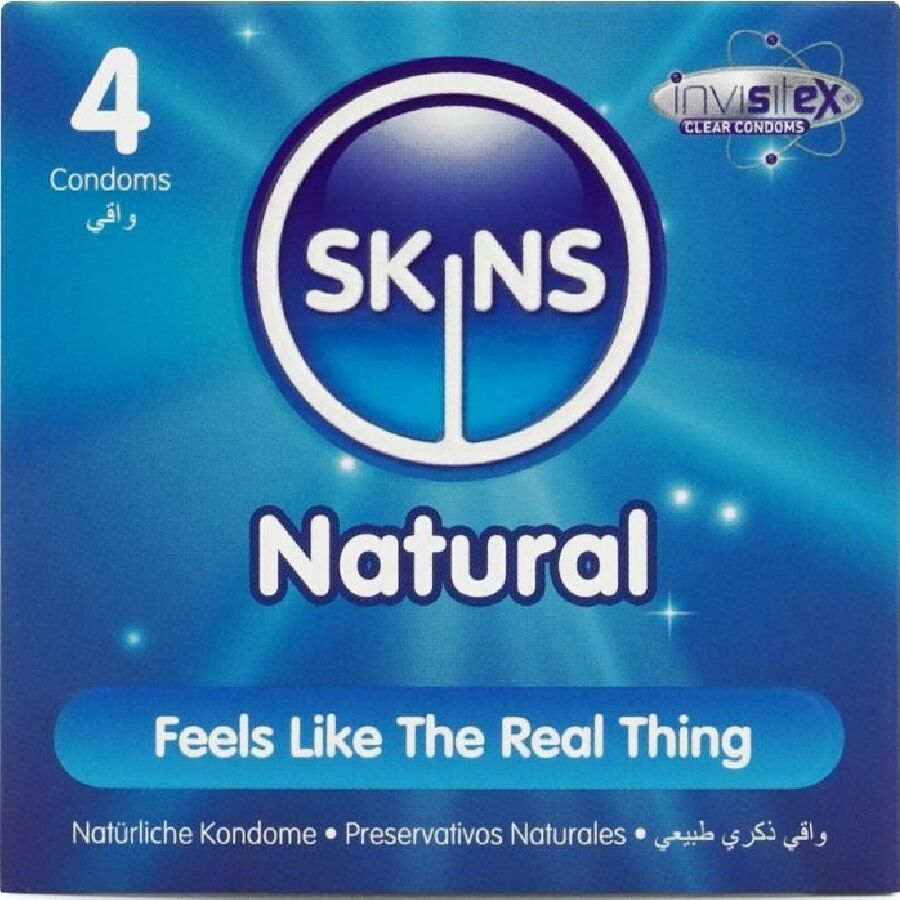 Boite Skins Natural 4 preservatifs vue rapprochee, logo central bleu, latex naturel ultra fin lubrifie pour une sensation proche du naturel