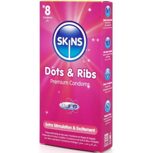 Boite Skins Dots and Ribs 8 preservatifs textures perles et nervures, packaging rose, latex lubrifie Extra Stimulation pour intensifier les sensations