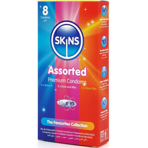 Boite Skins Assorted Premium Condoms pack de 8, melange colore de preservatifs en latex aux saveurs et textures variees de la collection Fun Favourites