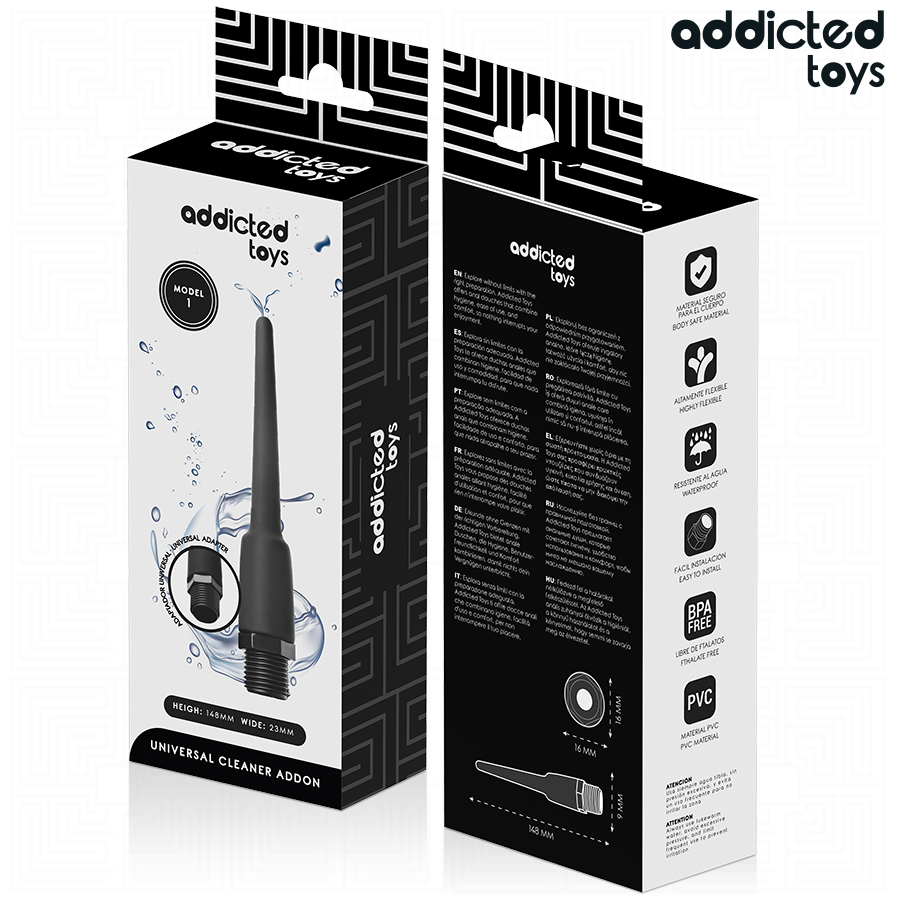 Boite du nettoyeur intime Addicted, packaging universal cleaner addon noir et blanc avec l'embout silicone et pictogrammes, douche intime a corps PVC souple.