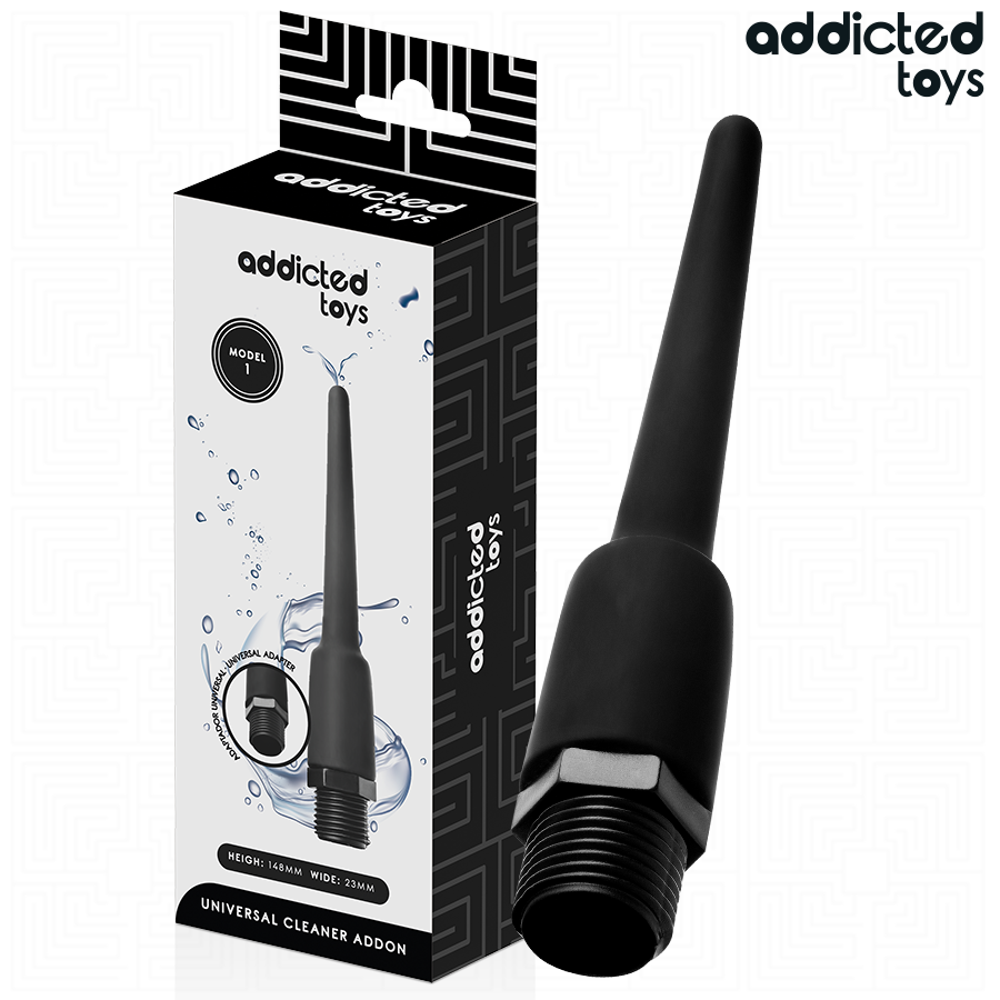 Boite du nettoyeur intime anal Addicted, packaging universal cleaner addon avec la poire et son embout silicone, adaptateur douche, sans anatomie ni scene.