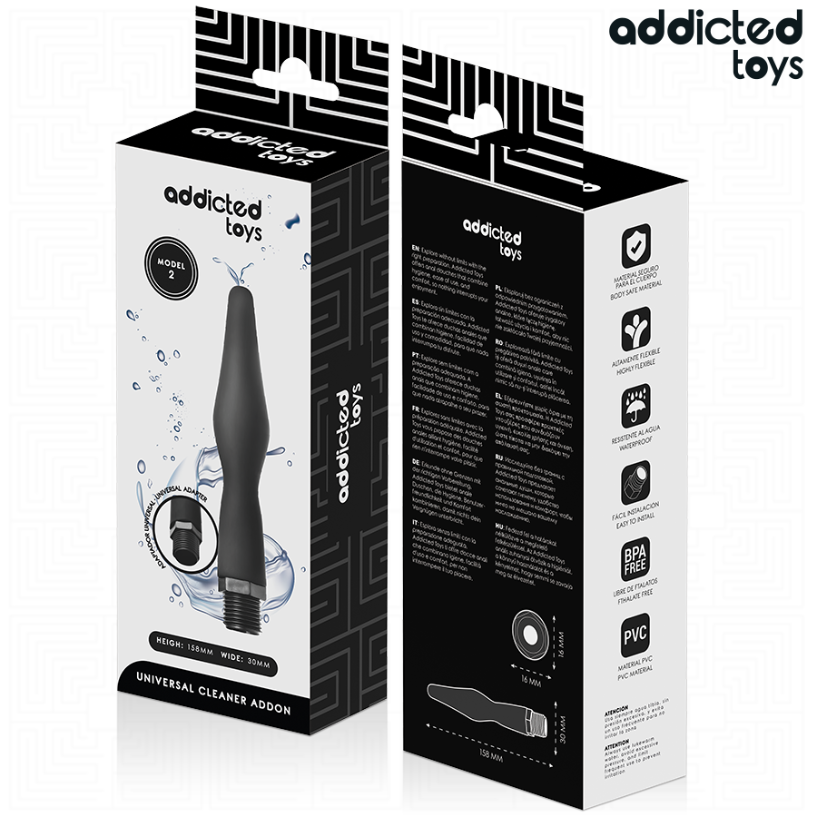 Boite de la douche intime Addicted model 2 vue avant et arriere, packaging universal cleaner addon avec l'embout silicone et pictogrammes, sans anatomie visible.