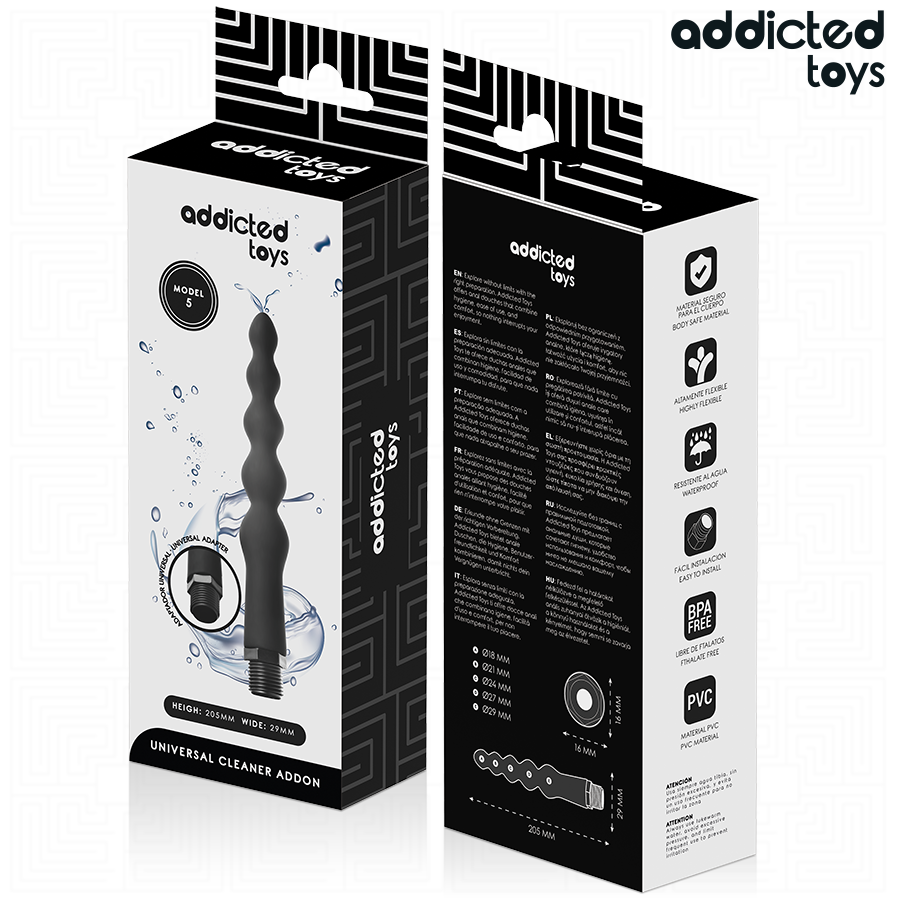 Boite de la douche intime Addicted model 5 vue avant et arriere, packaging universal cleaner addon avec l'embout silicone perle et pictogrammes, sans anatomie.