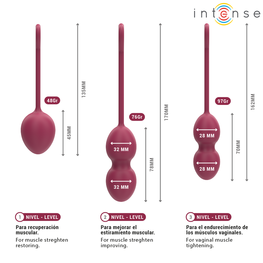 Les trois niveaux des boules de Kegel Charli bordeaux avec poids 48 g, 76 g, 97 g et cotes 32 et 28 mm, kit silicone progressif pour le perinee