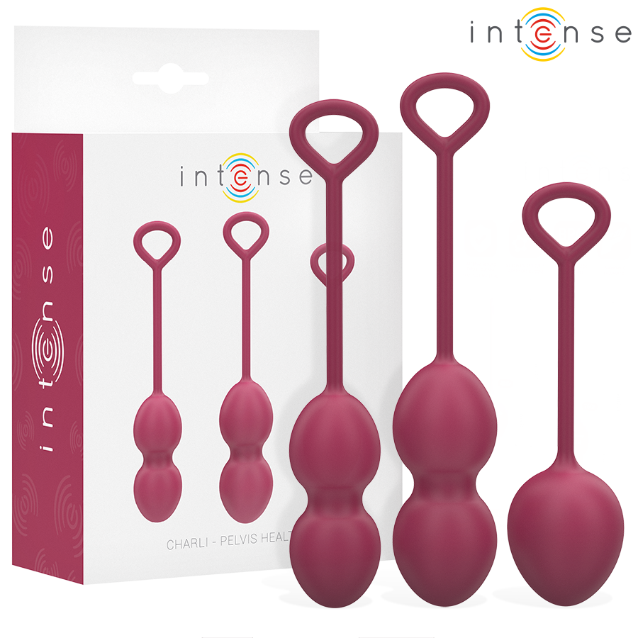 Boite et boules de Kegel Charli Intense en silicone bordeaux, trois boules a anneau de retrait alignees par taille croissante, kit progressif pour le perinee