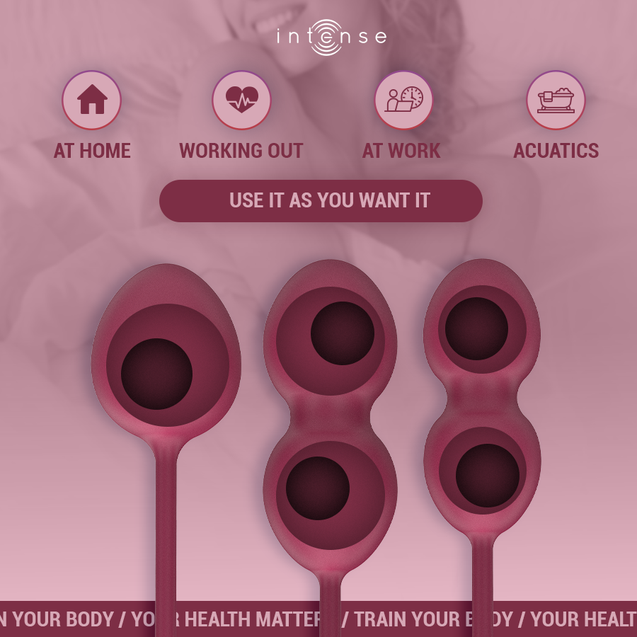 Boules de Kegel Charli bordeaux presentees en cercles avec pictogrammes des usages maison, sport, bureau, aquatique, kit silicone pour renforcer le perinee