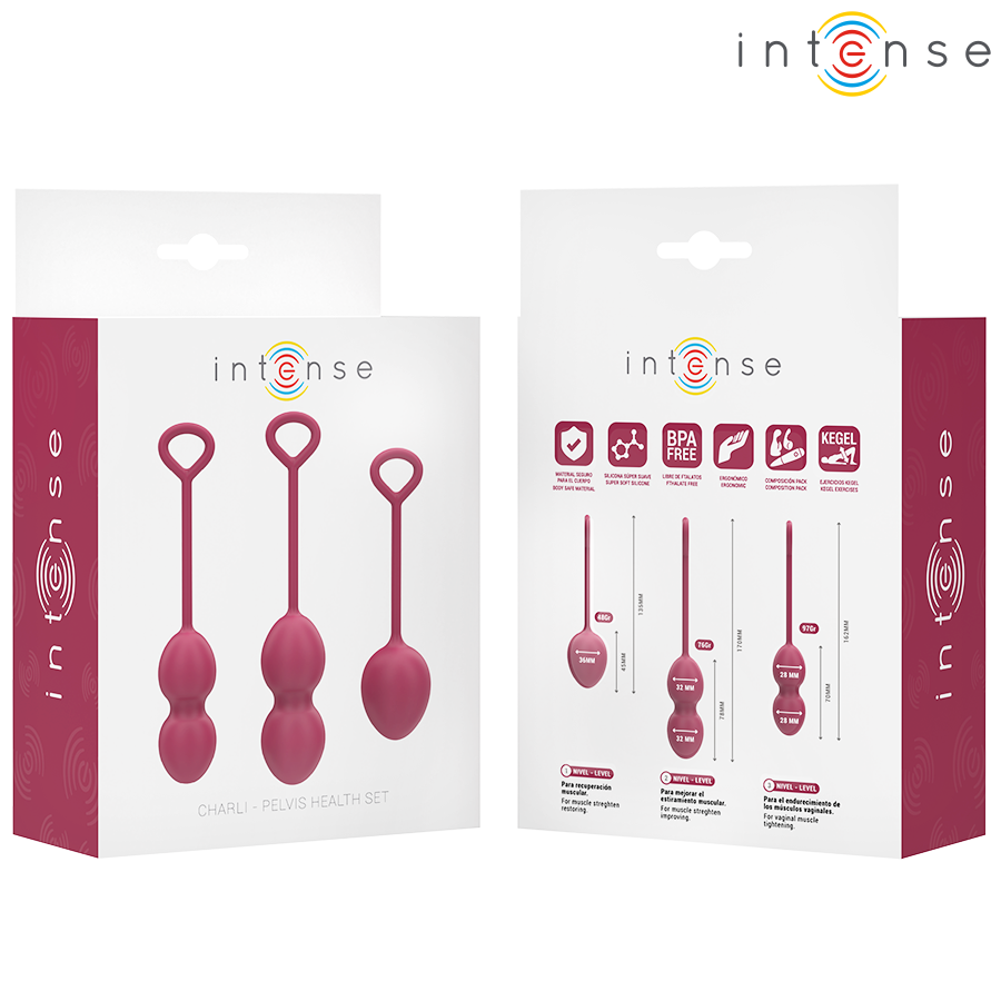 Emballages recto verso du kit de boules de Kegel Charli Intense bordeaux, trois boules a anneau en silicone visibles, kit progressif d'entrainement du perinee