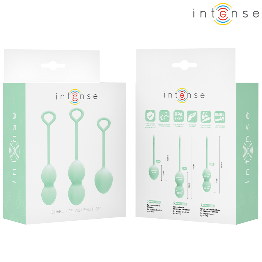 Emballages recto verso du kit de boules de Kegel Charli Intense vert d'eau, trois boules a anneau en silicone visibles, kit progressif d'entrainement