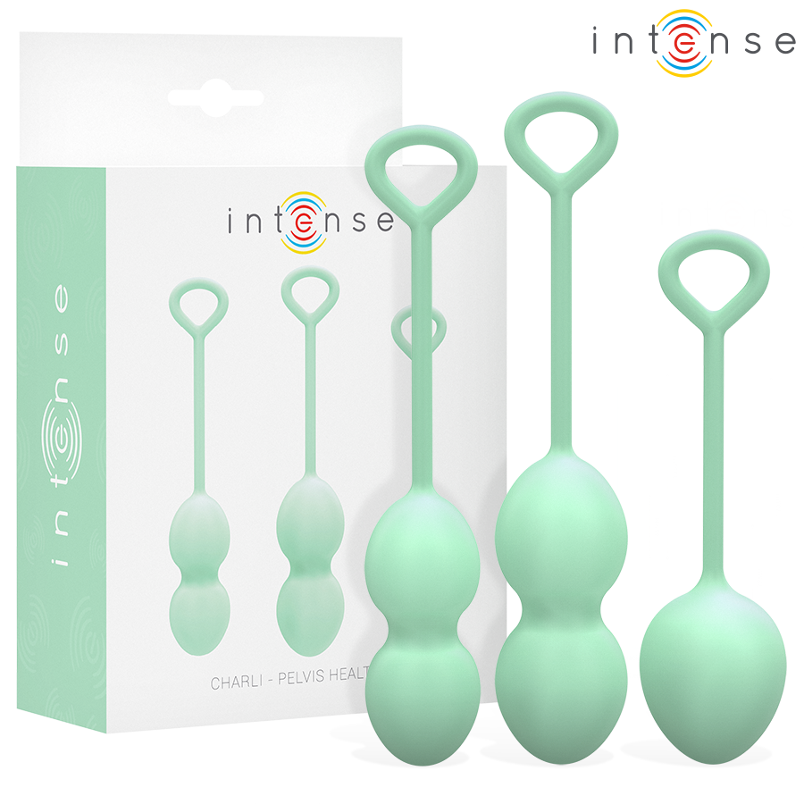 Boite et boules de Kegel Charli Intense en silicone vert d'eau, trois boules a anneau de retrait alignees par taille croissante, kit progressif pour le perinee