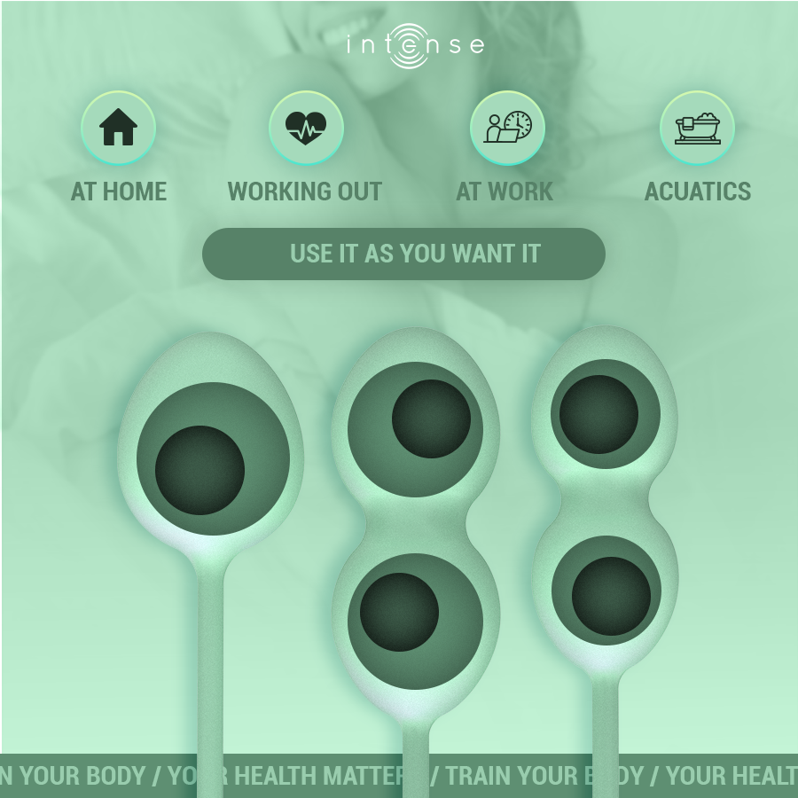 Boules de Kegel Charli vert d'eau presentees en cercles avec pictogrammes des usages maison, sport, bureau, aquatique, kit silicone pour le perinee