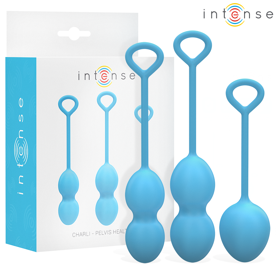 Boite et boules de Kegel Charli Intense en silicone bleu, trois boules a anneau de retrait alignees par taille croissante, kit progressif de renforcement du perinee