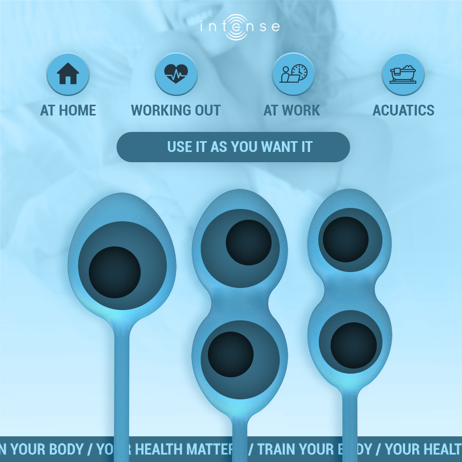 Boules de Kegel Charli bleues presentees en cercles avec pictogrammes des usages maison, sport, bureau, aquatique, kit silicone pour renforcer le perinee
