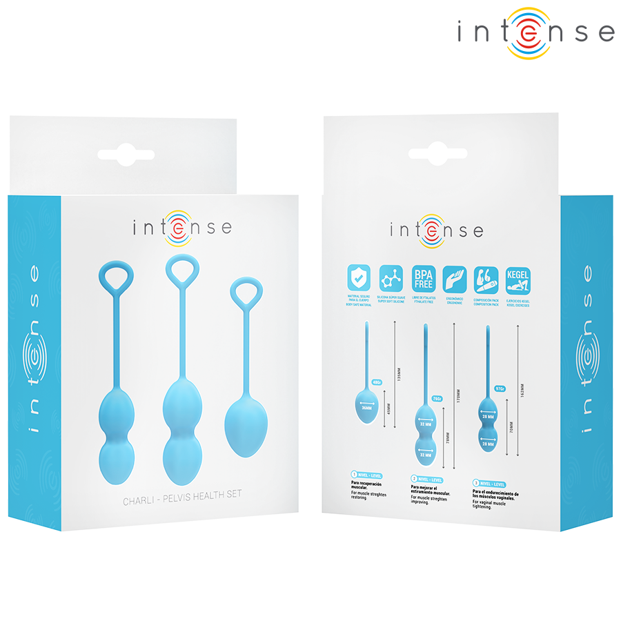 Emballages recto verso du kit de boules de Kegel Charli Intense bleu, trois boules a anneau en silicone visibles, kit progressif d'entrainement du perinee
