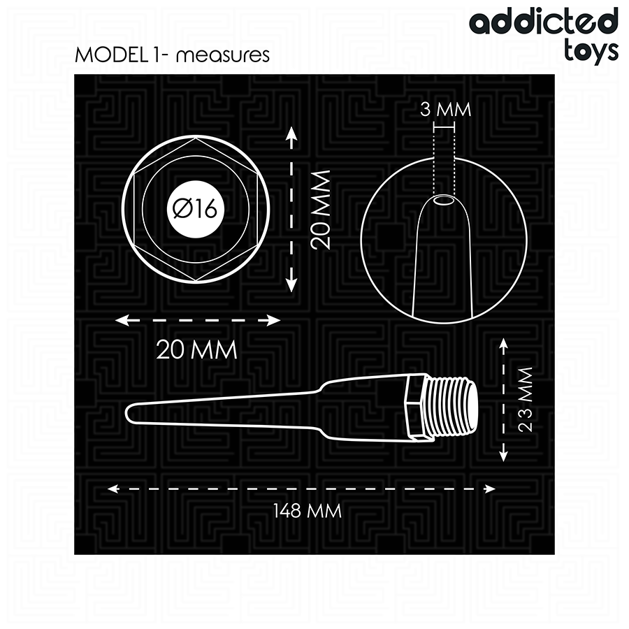 Schema technique de l'embout de lavement Addicted model 1, diametre interne 16 mm, cotes 20 et 23 mm, longueur 148 mm, canule silicone souple sur adaptateur.