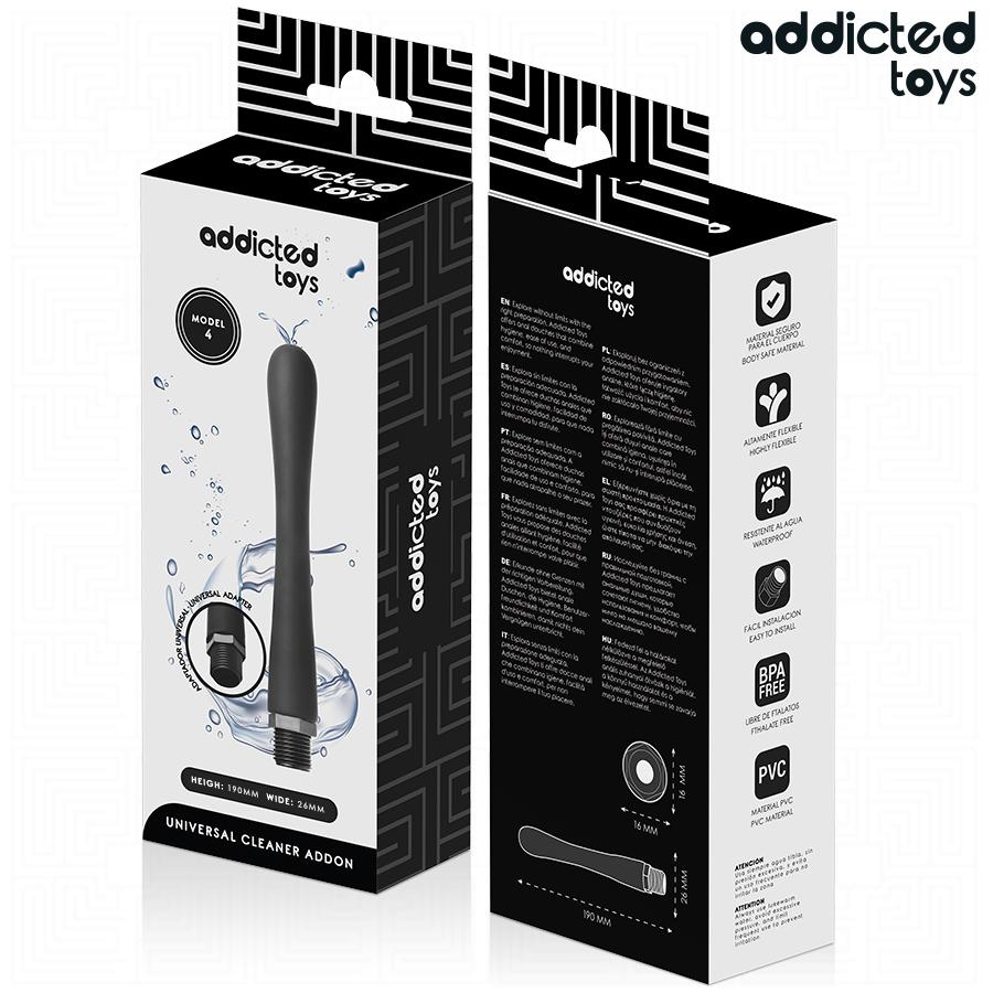 Boite de la douche intime Addicted model 4 vue avant et arriere, packaging universal cleaner addon avec l'embout silicone effile et pictogrammes, sans anatomie.