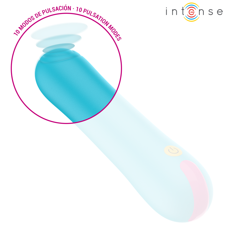 Mini vibromasseur Intense bleu turquoise avec encart 10 modes de pulsation, embout rose, format bullet compact ABS body-safe pour stimulation ciblee.