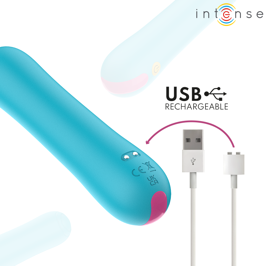 Mini vibromasseur Intense bleu turquoise avec cable de charge, mention USB rechargeable, format bullet compact en ABS body-safe au design non realiste.